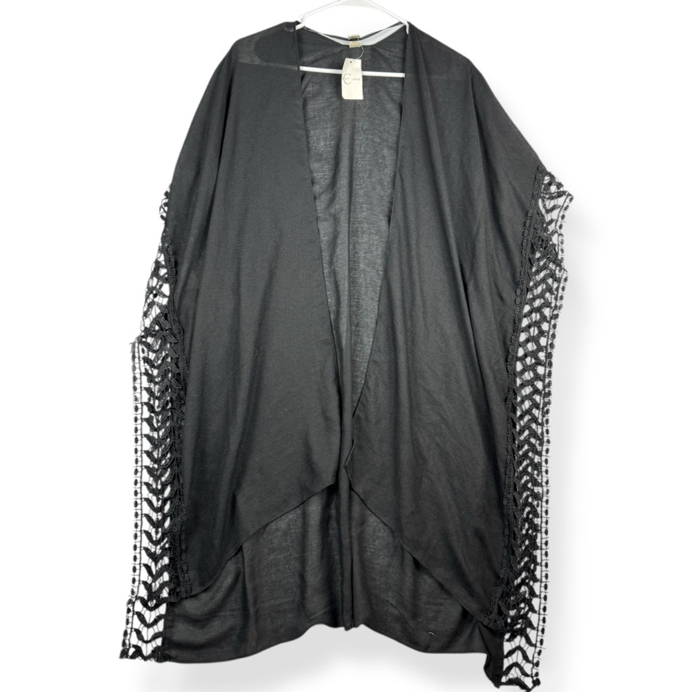 Cato Womens Black Cardigan One Size Lace Trim Open Front NWT